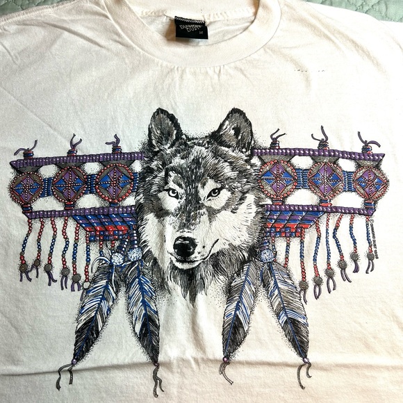 Vintage 80s Diamond Dust Glitter Native American Wolf White T-Shirt Sz Medium - Picture 2 of 5